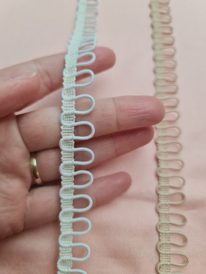 braided ribbon with elastic button loops in white, nude or black