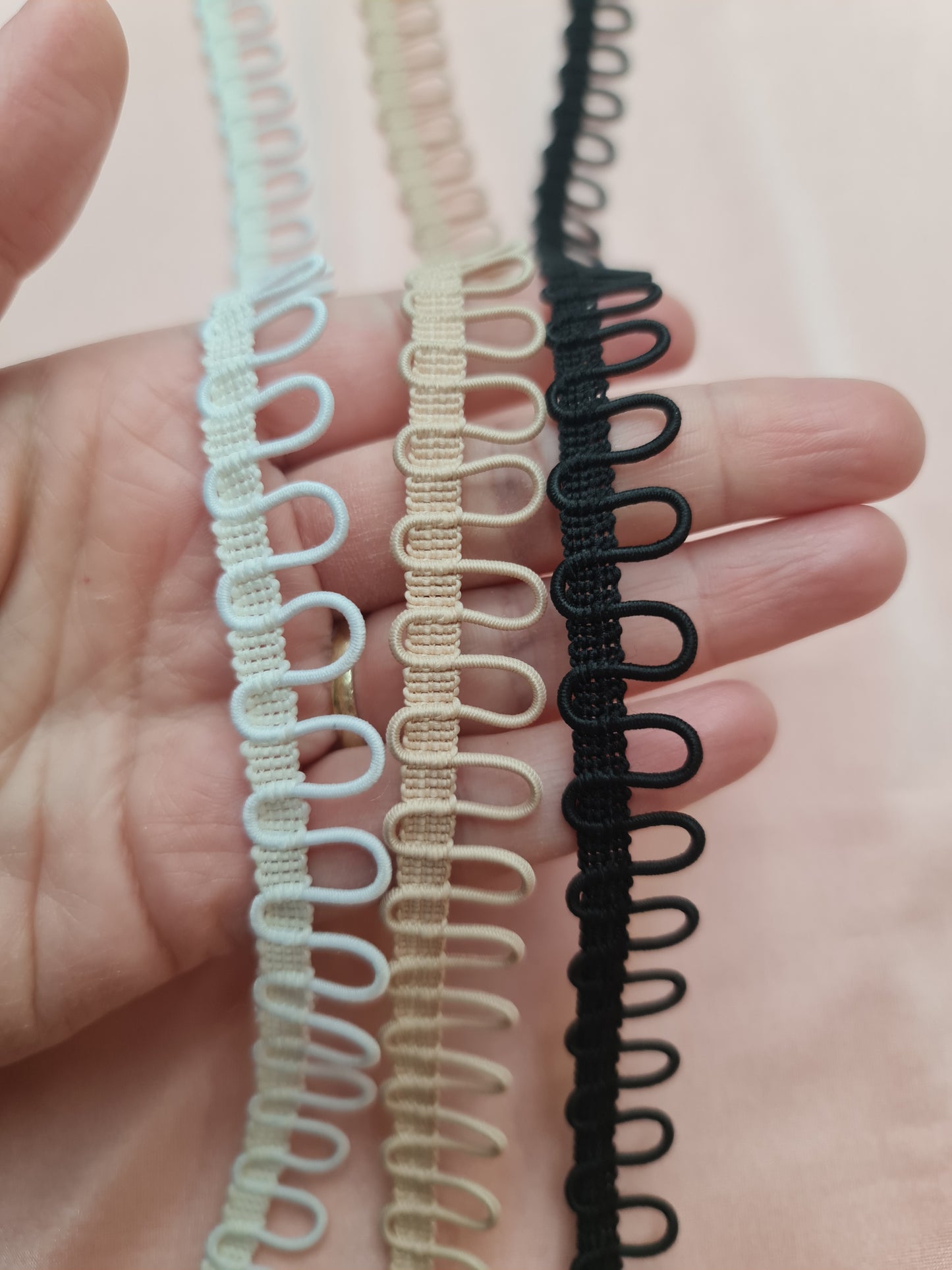 braided ribbon with elastic button loops in white, nude or black