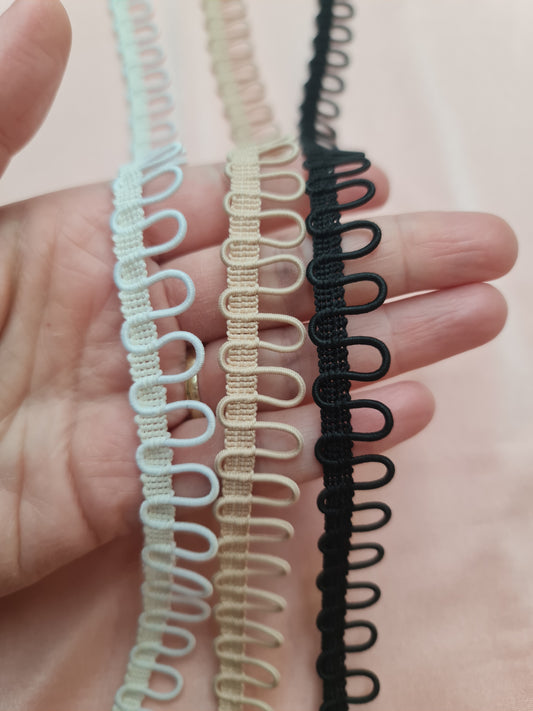 braided ribbon with elastic button loops in white, nude or black
