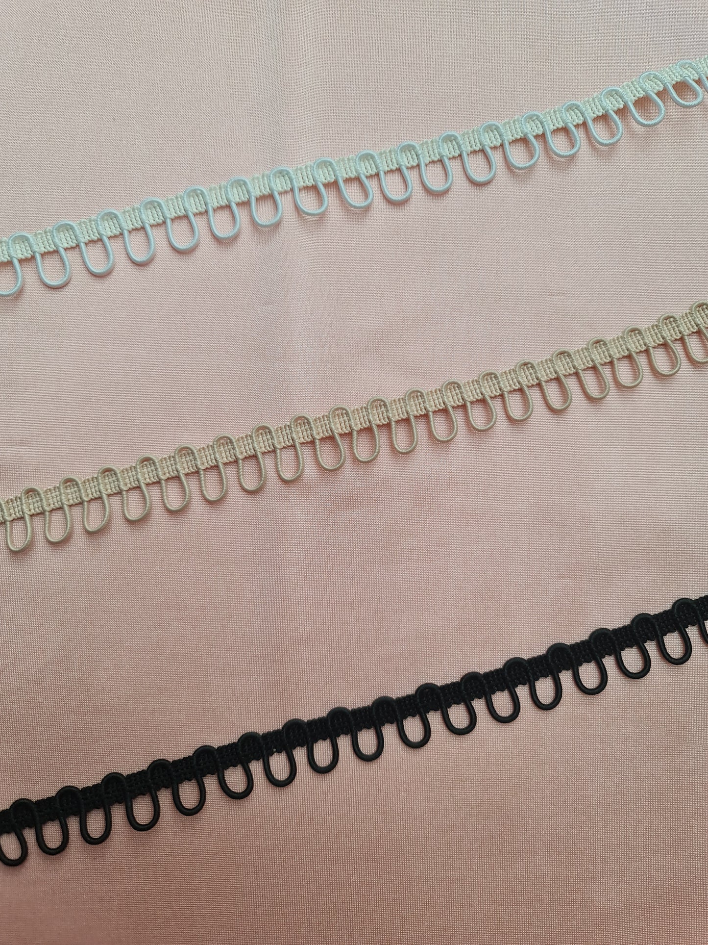 braided ribbon with elastic button loops in white, nude or black
