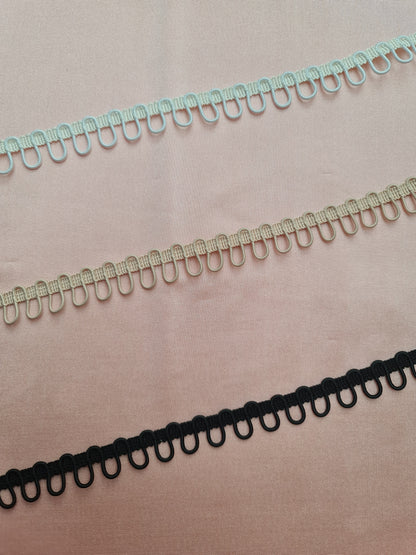 braided ribbon with elastic button loops in white, nude or black
