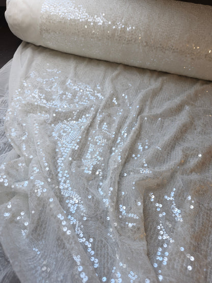 LL-1592, transparent meshfabric with big and small sequins in off-white color