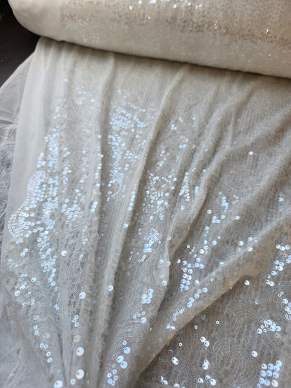 LL-1592, transparent meshfabric with big and small sequins in off-white color