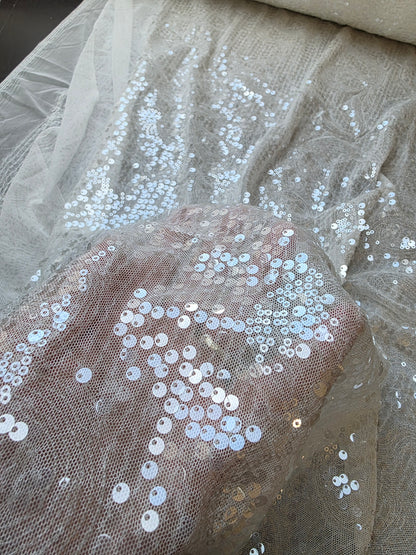 LL-1592, transparent meshfabric with big and small sequins in off-white color