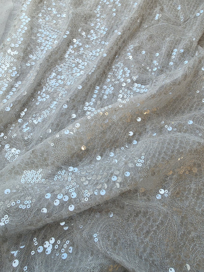 LL-1592, transparent meshfabric with big and small sequins in off-white color