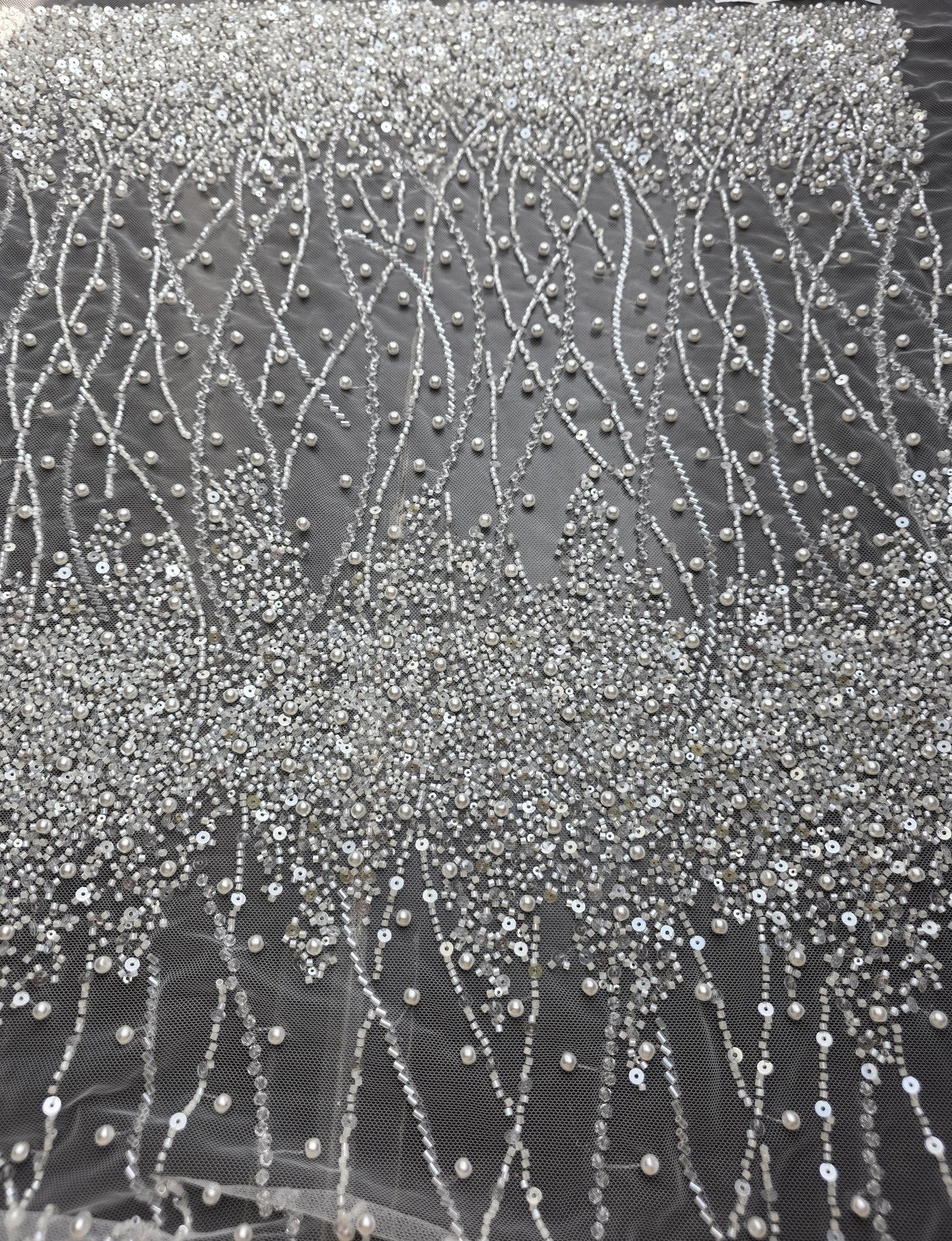 LL-1582, handmade lace fabric with beads in white color, starts at 0,5m