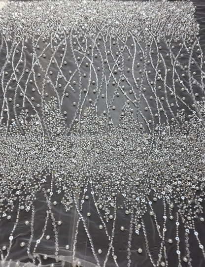 LL-1582, handmade lace fabric with beads in white color, starts at 0,5m