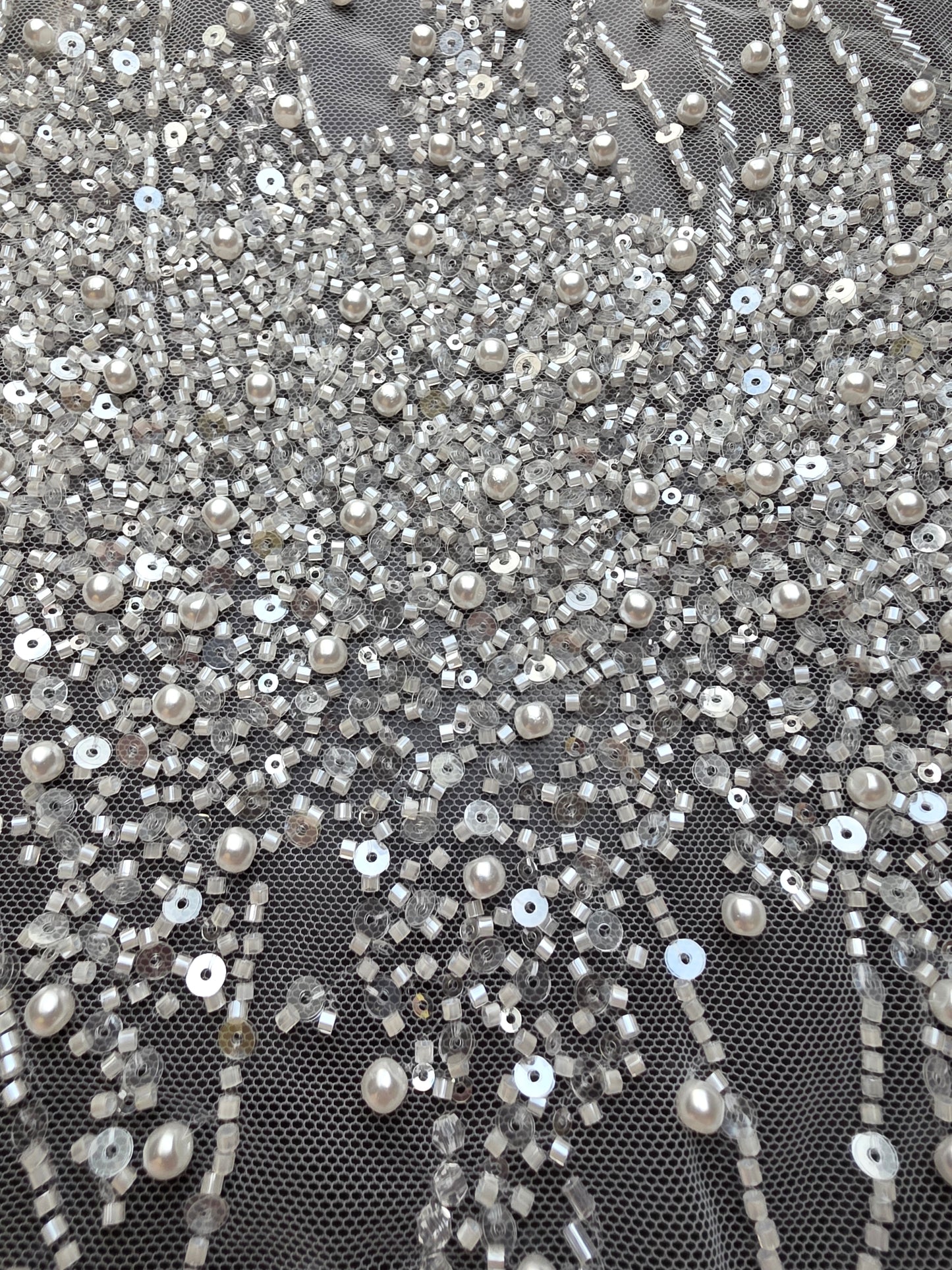 LL-1582, handmade lace fabric with beads in white color, starts at 0,5m