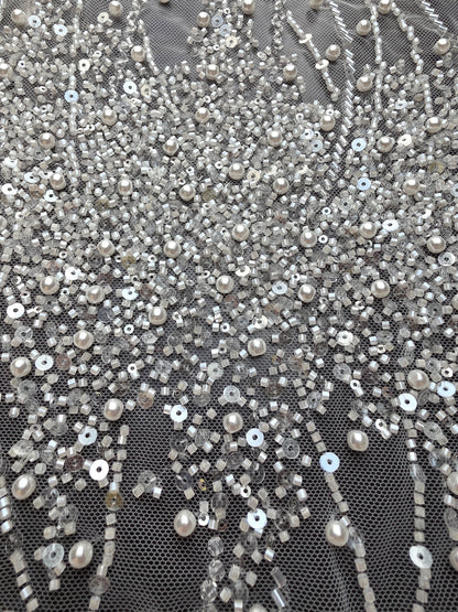 LL-1582, handmade lace fabric with beads in white color, starts at 0,5m