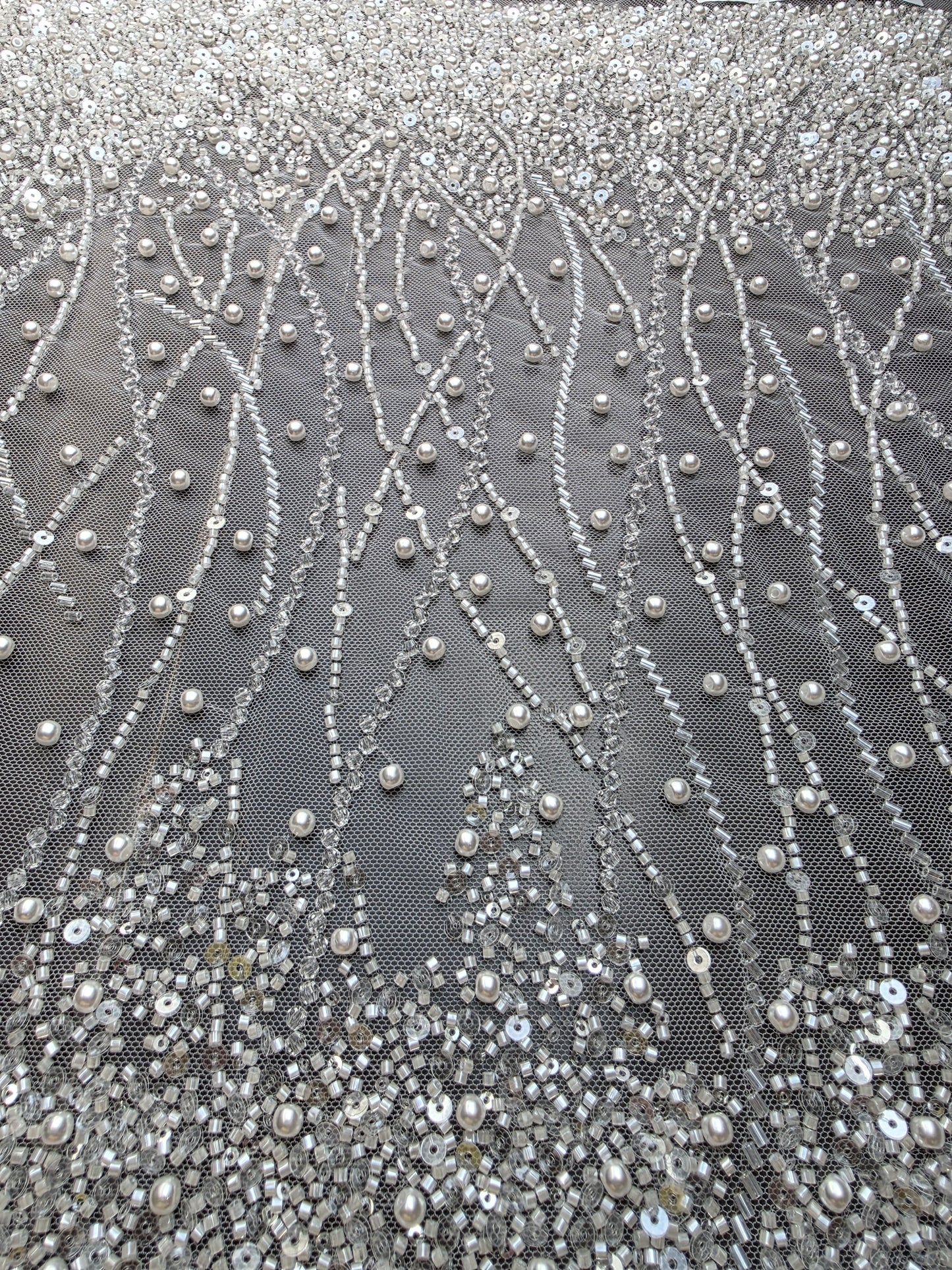 LL-1582, handmade lace fabric with beads in white color, starts at 0,5m