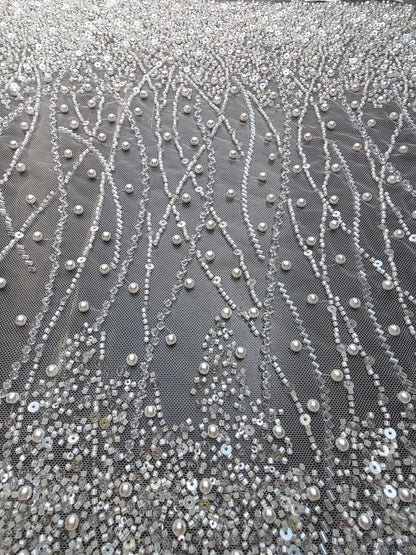 LL-1582, handmade lace fabric with beads in white color, starts at 0,5m