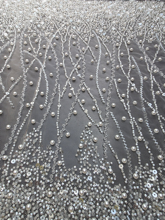 LL-1582, handmade lace fabric with beads in white color, starts at 0,5m