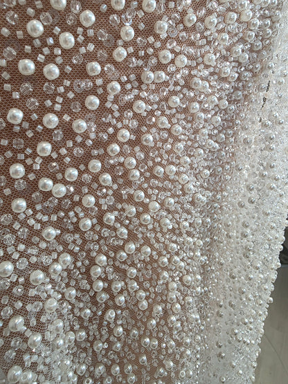 LL-1576, high-end beaded bridal lace fabric in white color,  starts at 0,5m