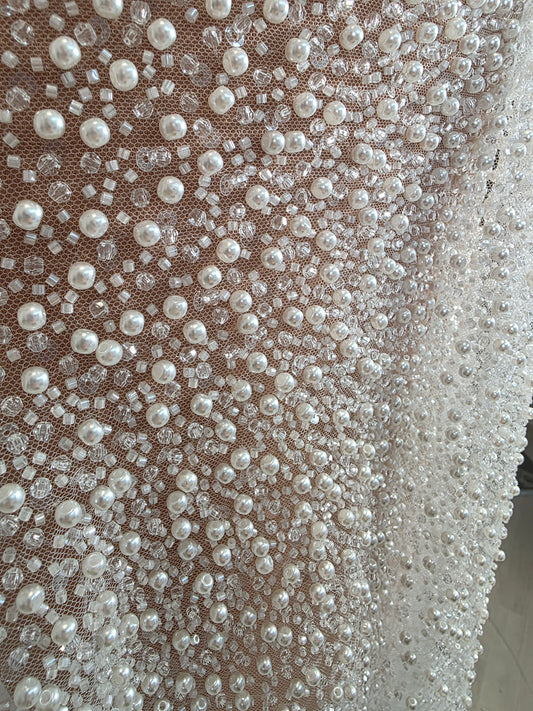 LL-1576, high-end beaded bridal lace fabric in white color,  starts at 0,5m