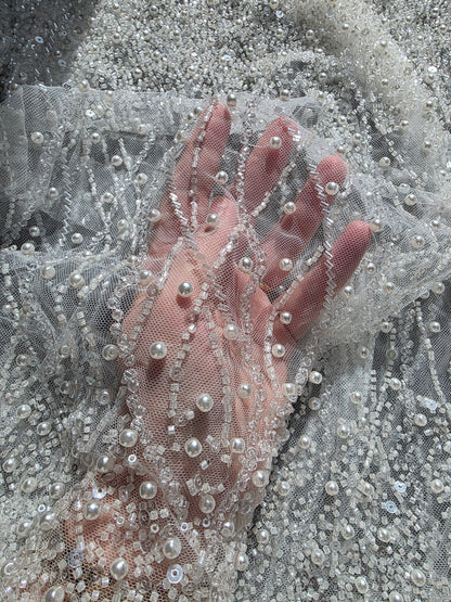 LL-1582, handmade lace fabric with beads in white color, starts at 0,5m