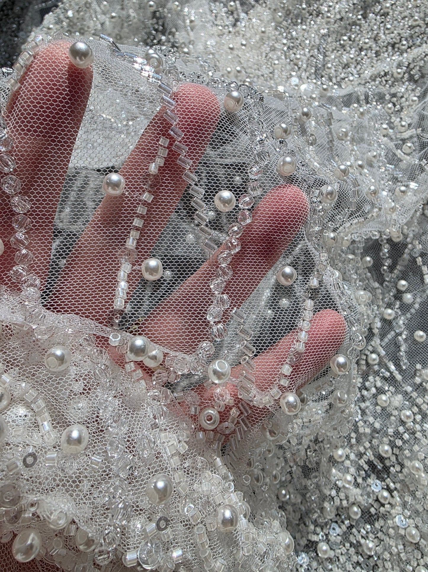 LL-1582, handmade lace fabric with beads in white color, starts at 0,5m