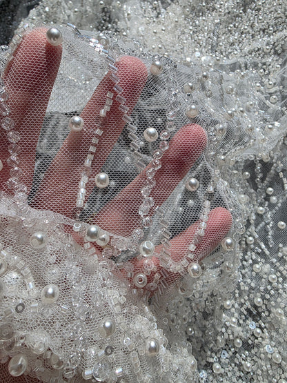 LL-1582, handmade lace fabric with beads in white color, starts at 0,5m