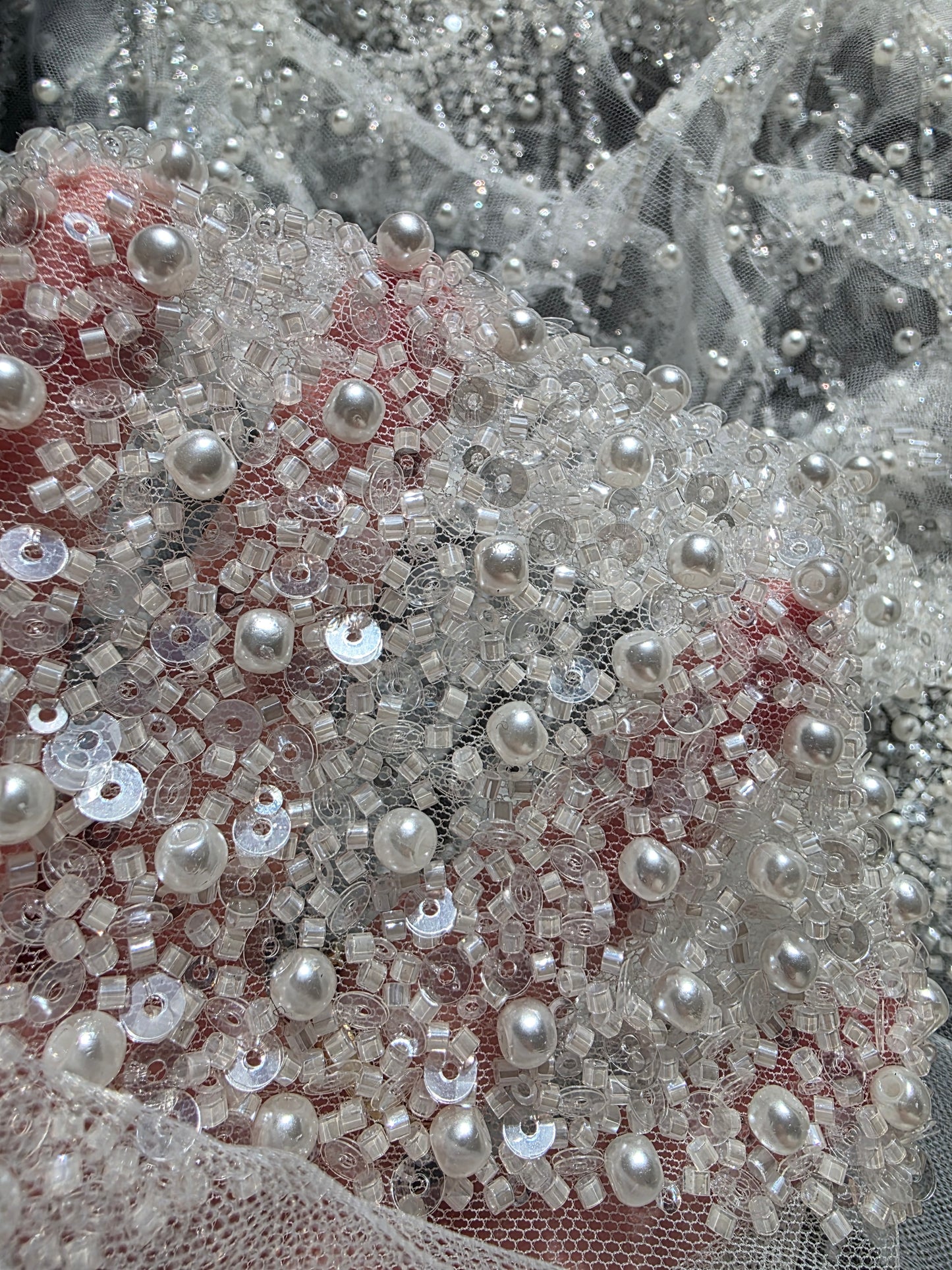 LL-1582, handmade lace fabric with beads in white color, starts at 0,5m