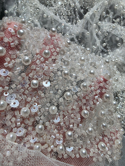 LL-1582, handmade lace fabric with beads in white color, starts at 0,5m