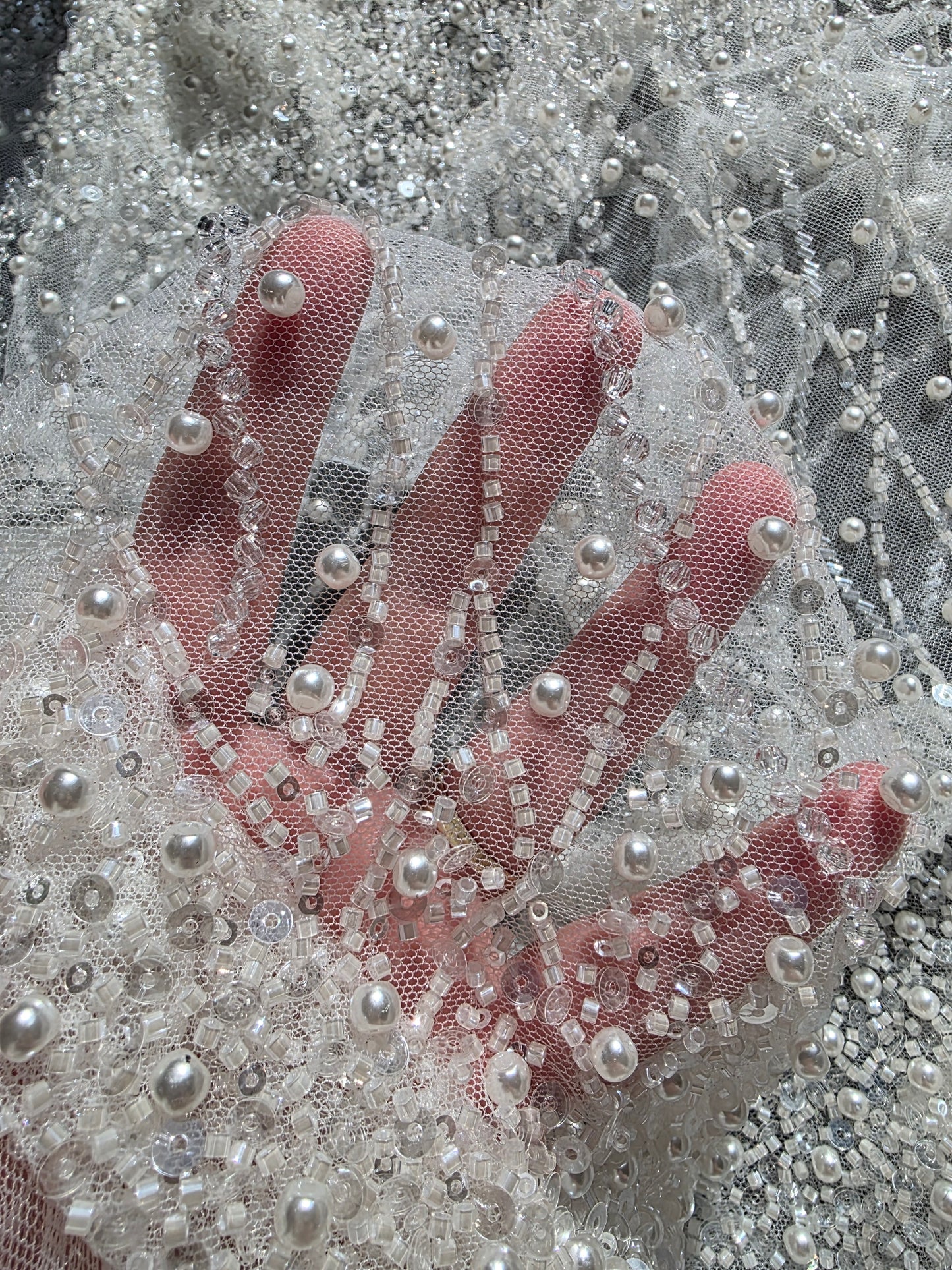 LL-1582, handmade lace fabric with beads in white color, starts at 0,5m