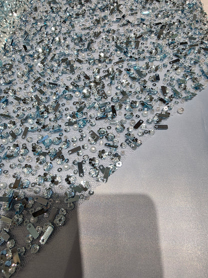 Beaded Lace Fabric with big sequins in light blue color