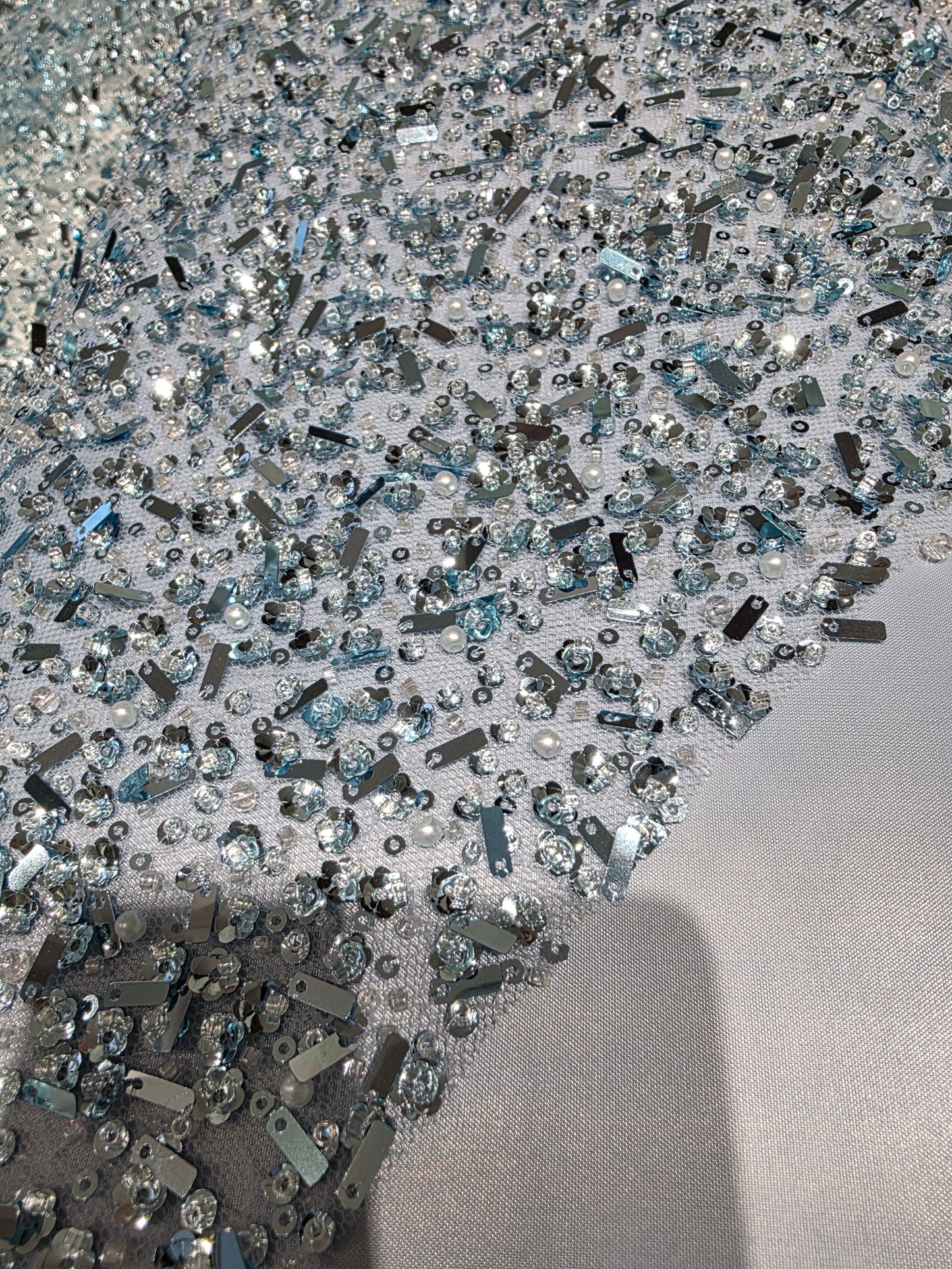 Beaded Lace Fabric with big sequins in light blue color