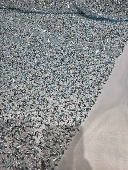 Beaded Lace Fabric with big sequins in light blue color