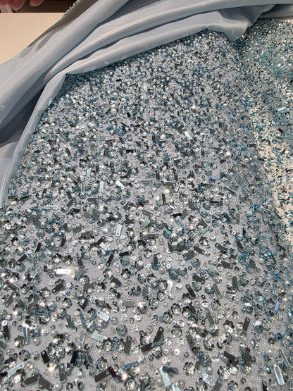 Beaded Lace Fabric with big sequins in light blue color