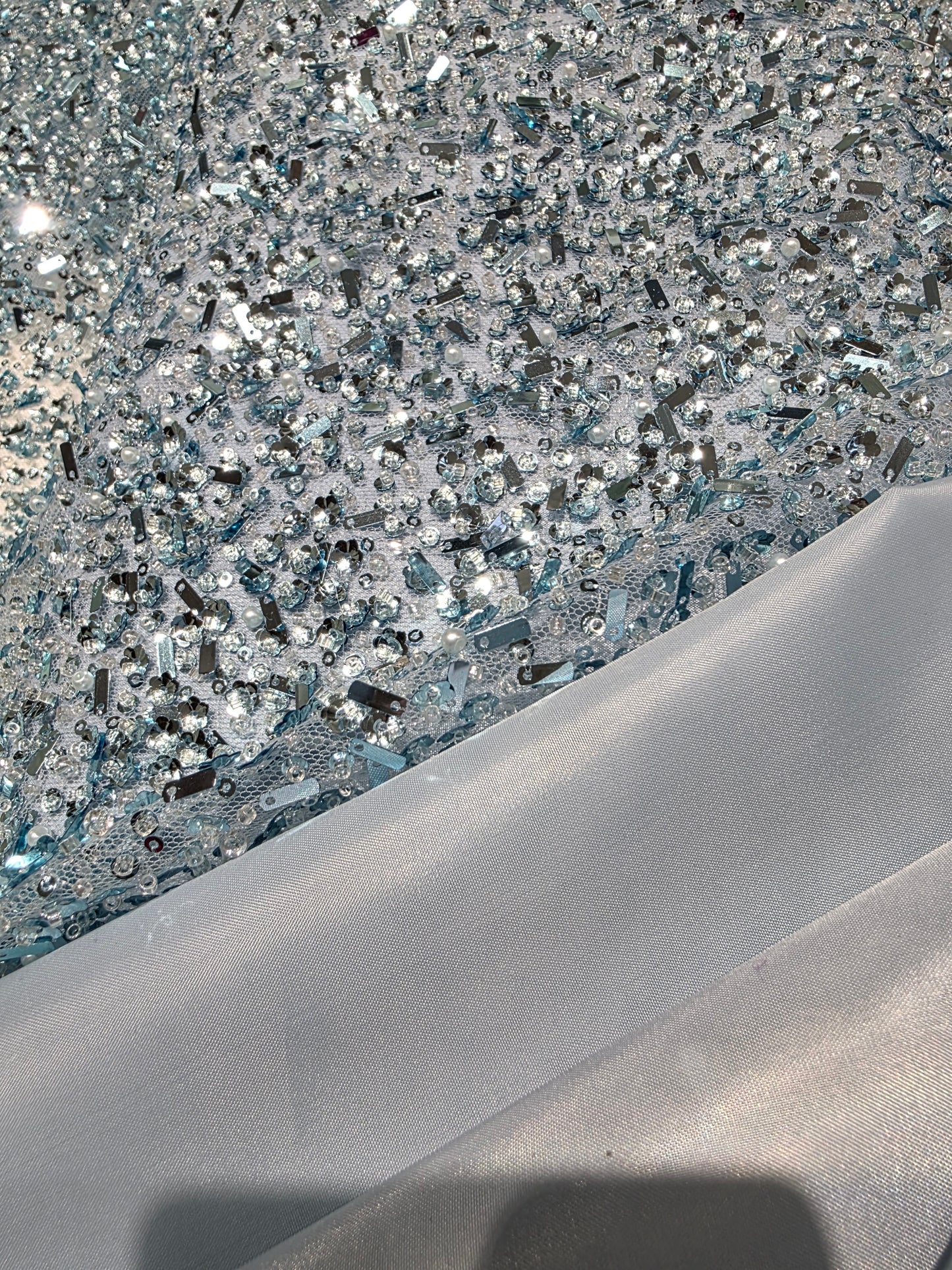 Beaded Lace Fabric with big sequins in light blue color