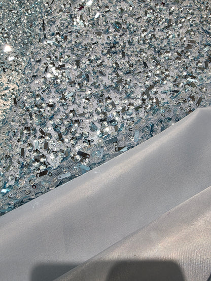 Beaded Lace Fabric with big sequins in light blue color
