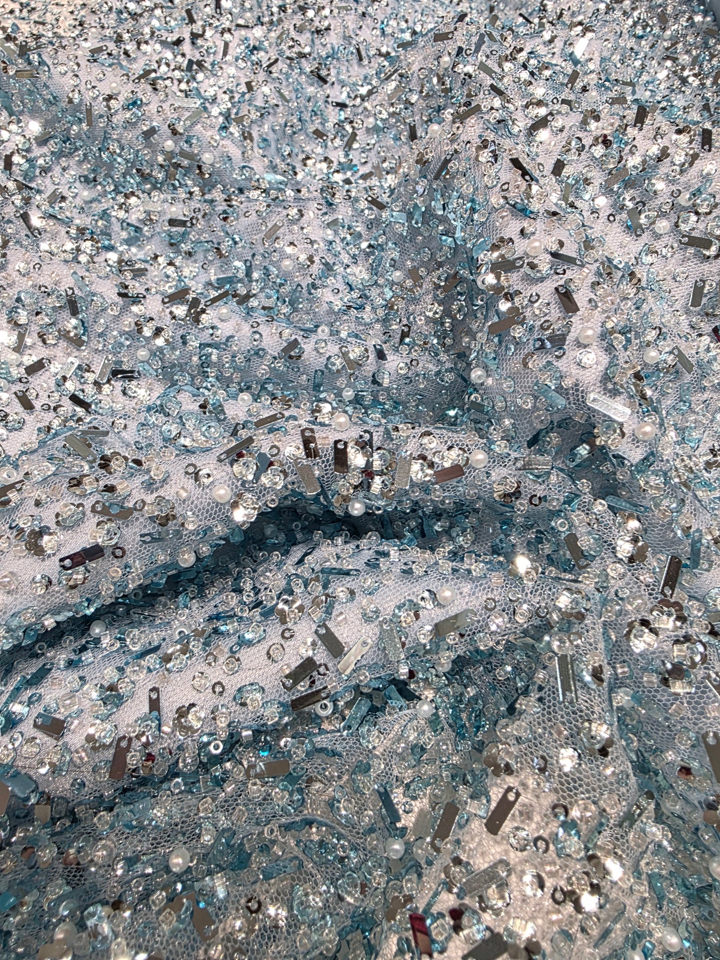 Beaded Lace Fabric with big sequins in light blue color