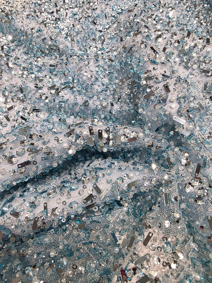 Beaded Lace Fabric with big sequins in light blue color