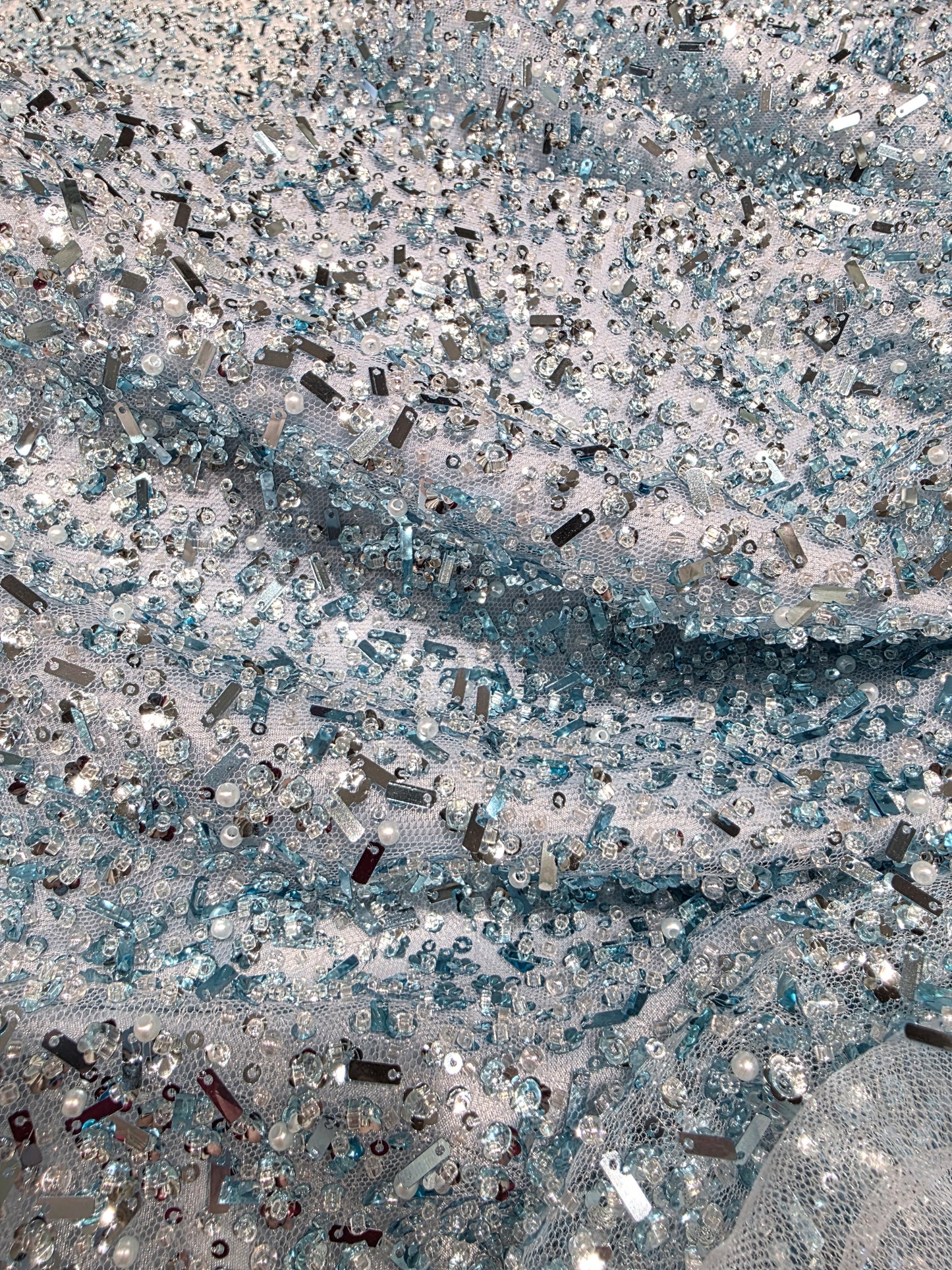 Beaded Lace Fabric with big sequins in light blue color