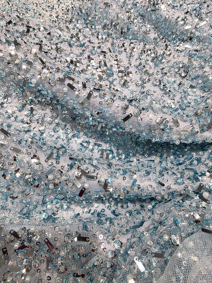Beaded Lace Fabric with big sequins in light blue color