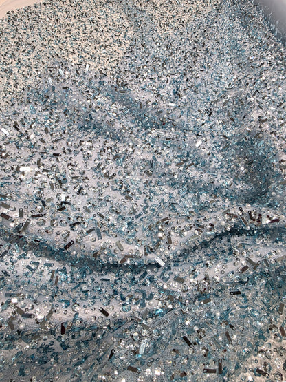 Beaded Lace Fabric with big sequins in light blue color