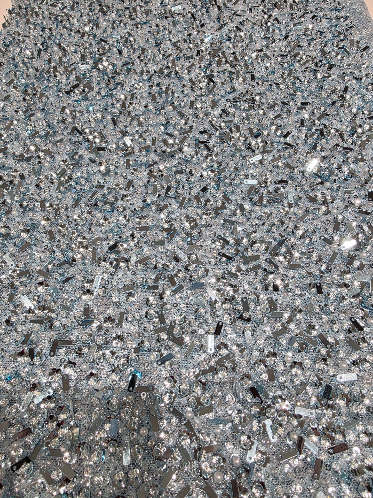 Beaded Lace Fabric with big sequins in light blue color