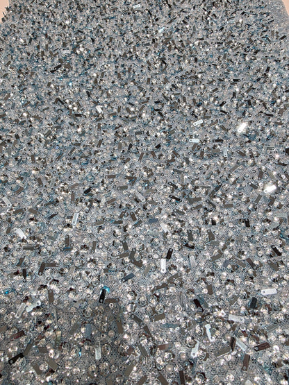 Beaded Lace Fabric with big sequins in light blue color