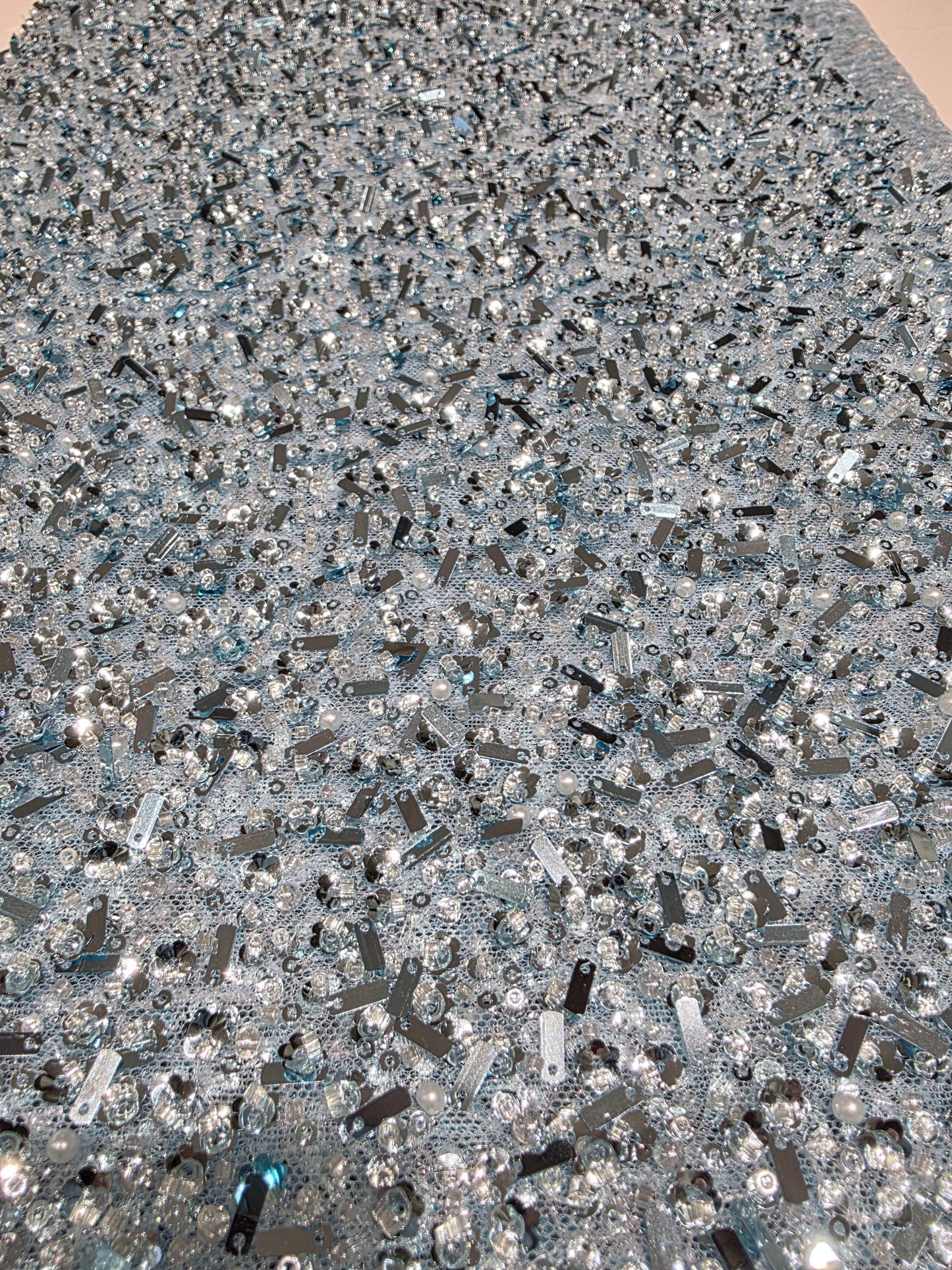 Beaded Lace Fabric with big sequins in light blue color