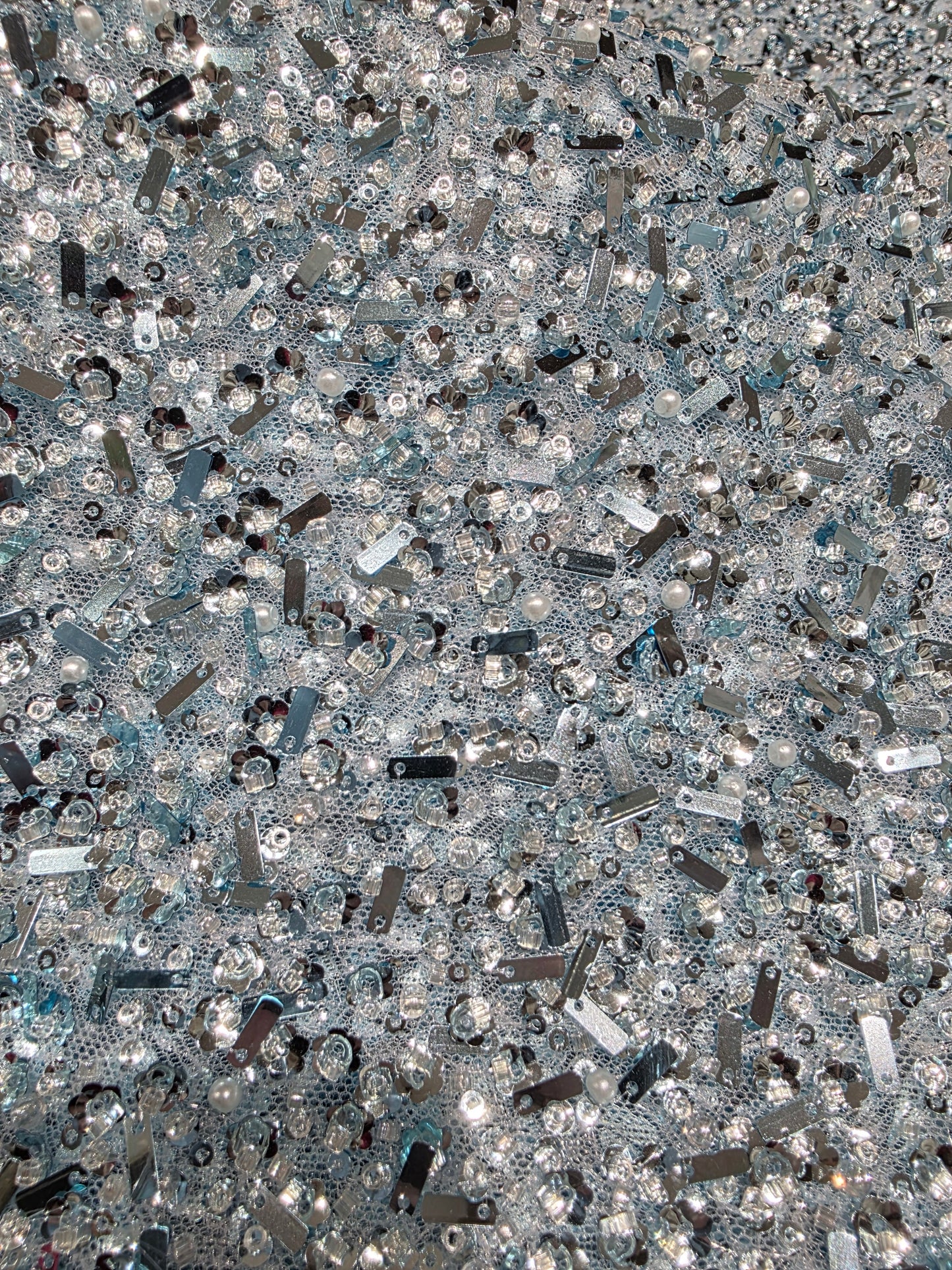 Beaded Lace Fabric with big sequins in light blue color