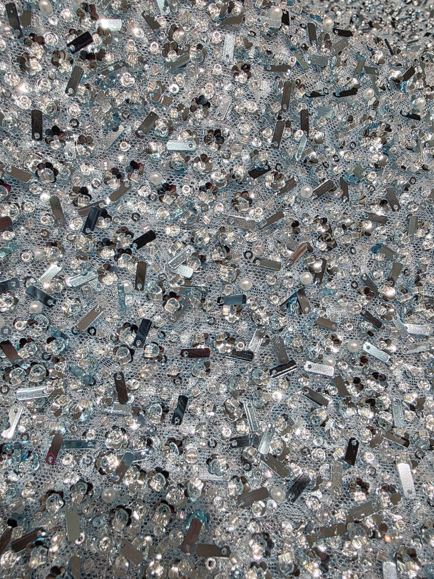 Beaded Lace Fabric with big sequins in light blue color