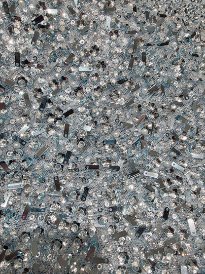 Beaded Lace Fabric with big sequins in light blue color