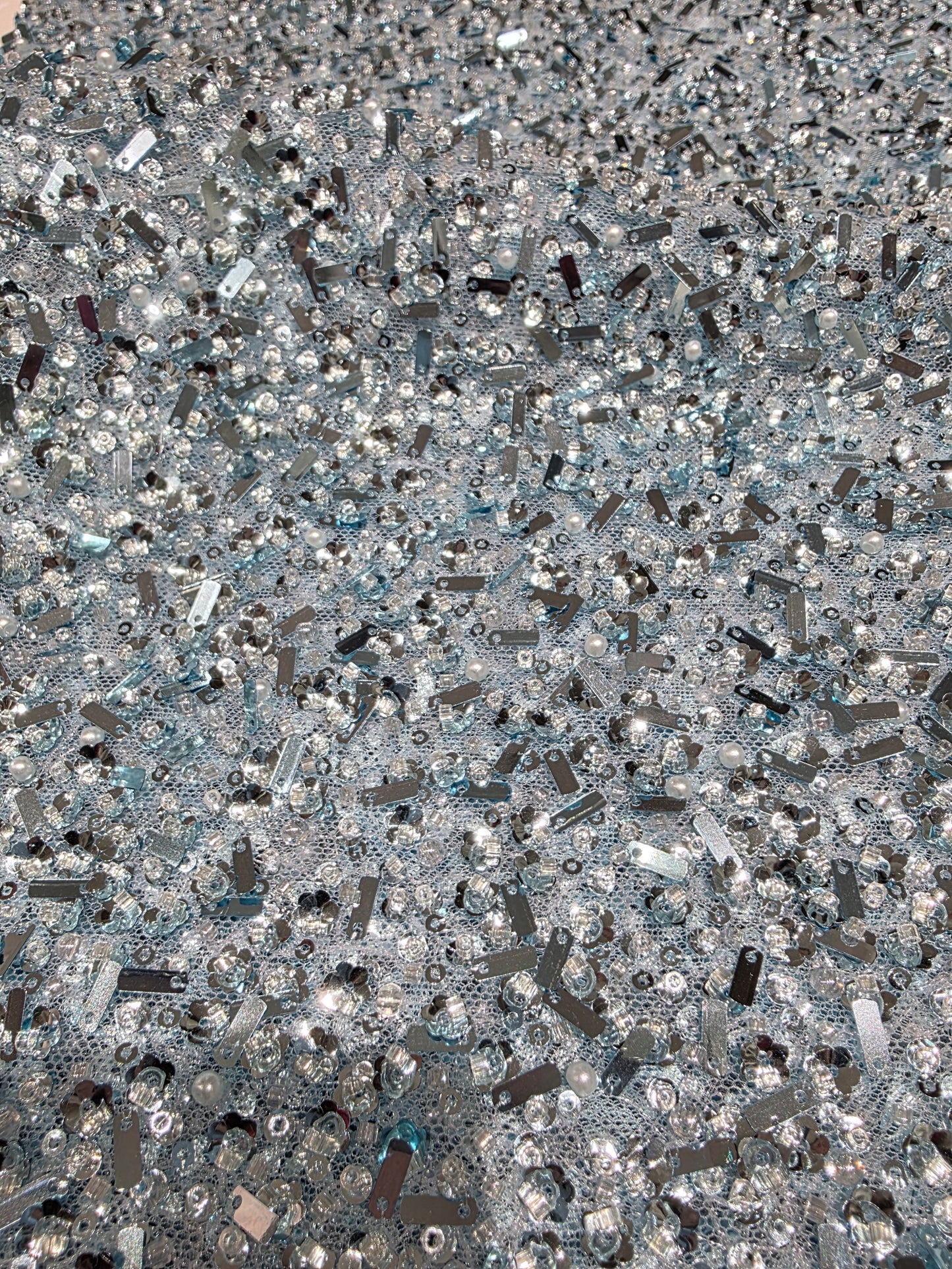 Beaded Lace Fabric with big sequins in light blue color