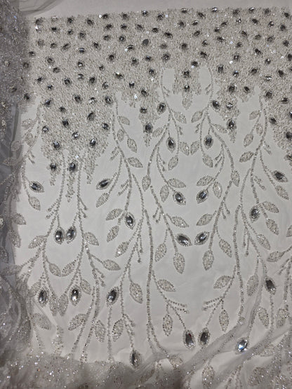 LL-1586, 3D white couture lace with gemstones for wedding dresses