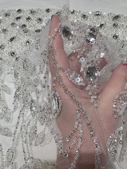 LL-1586, 3D white couture lace with gemstones for wedding dresses