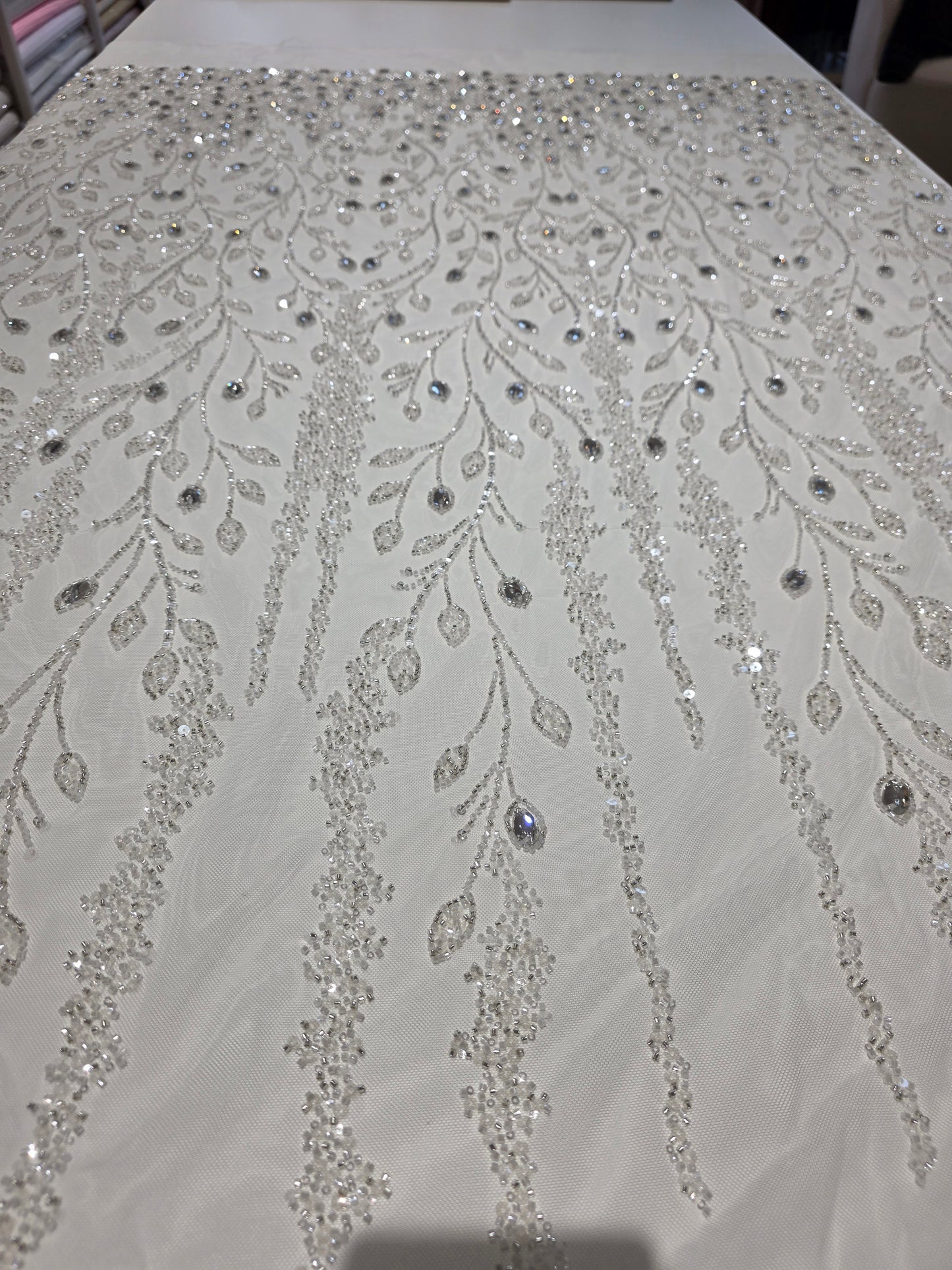 LL-1586, 3D white couture lace with gemstones for wedding dresses