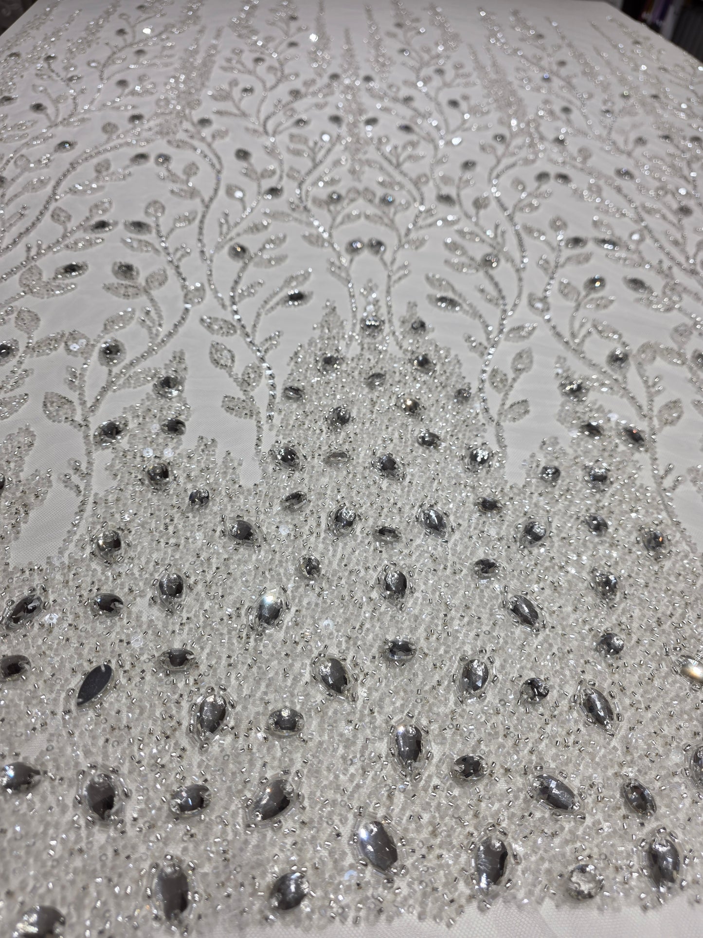 LL-1586, 3D white couture lace with gemstones for wedding dresses