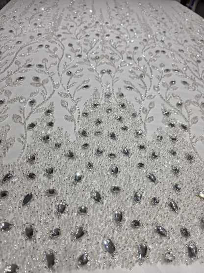 LL-1586, 3D white couture lace with gemstones for wedding dresses