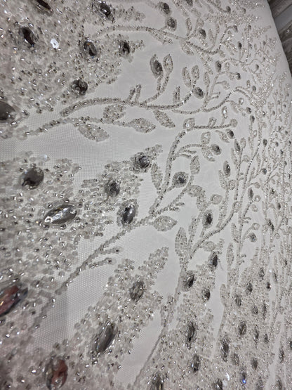 LL-1586, 3D white couture lace with gemstones for wedding dresses