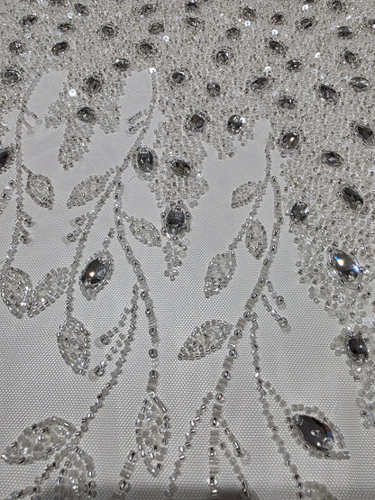 LL-1586, 3D white couture lace with gemstones for wedding dresses