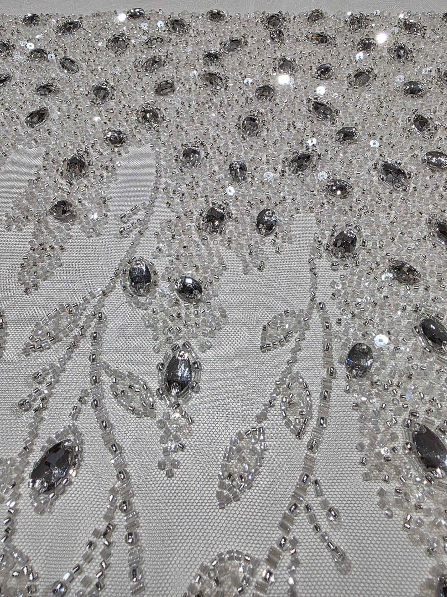 LL-1586, 3D white couture lace with gemstones for wedding dresses